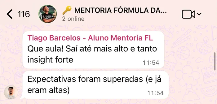 Mensagem de aluno dizendo que as expectativas foram superadas