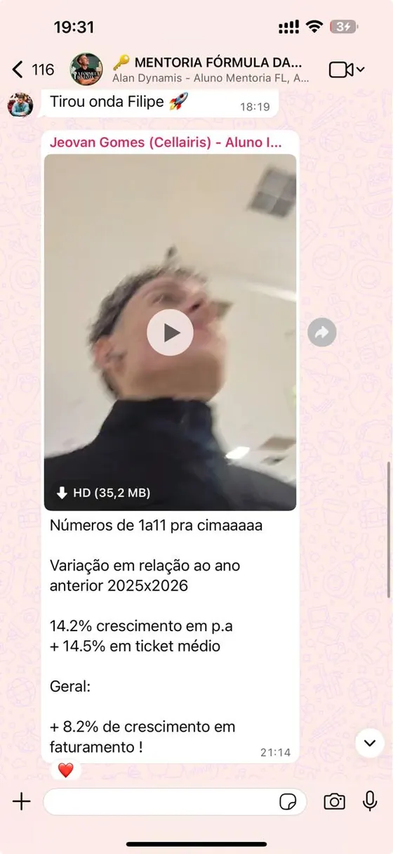 Mensagem de aluno com os números de crescimento da loja