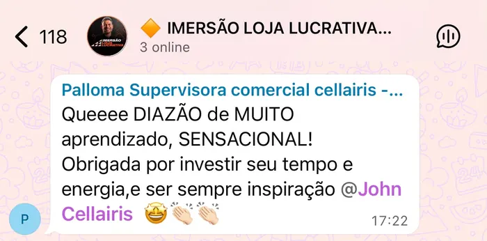 Mensagem de aluna sobre o dia de imersão