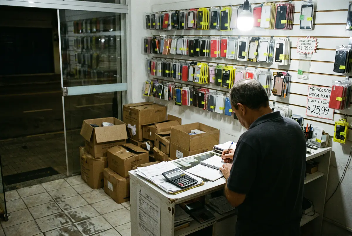 Loja de acessórios de celular fechada à noite, com o dono conferindo o caderno no balcão